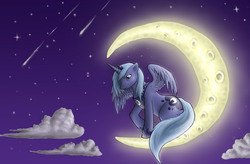 Size: 3000x1971 | Tagged: safe, artist:anadukune, princess luna, pony, g4, cloud, cloudy, crescent moon, crown, female, hoof shoes, jewelry, looking down, moon, night, night sky, partially open wings, peytral, princess shoes, raised hoof, regalia, s1 luna, shooting star, sitting, sitting on the moon, sky, solo, starry night, stars, tangible heavenly object, tiara, wings