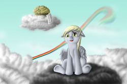 Size: 3008x2000 | Tagged: safe, artist:anadukune, derpy hooves, pegasus, pony, g4, female, high res, implied rainbow dash, mare, muffin, present, rainbow trail, raincloud