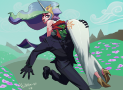 Size: 900x654 | Tagged: safe, artist:hiivolt-07, princess celestia, gerudo, human, g4, carrying, celestia is not amused, clothes, crossover, ganondorf, humanized, kidnapped, suit, the legend of zelda, unamused