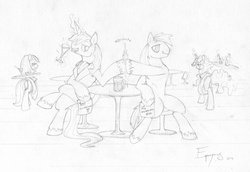 Size: 900x618 | Tagged: dead source, safe, artist:jackjacko-eponymous, big macintosh, prince blueblood, earth pony, pony, g4, male, monochrome, stallion