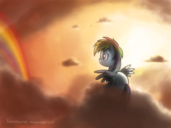 Size: 1024x768 | Tagged: safe, artist:fongsaunder, rainbow dash, pony, g4, cloud, cloudy, female, filly, filly rainbow dash, rainbow, solo, younger