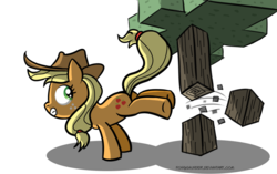 Size: 956x602 | Tagged: safe, artist:fongsaunder, applejack, earth pony, pony, g4, crossover, female, kicking, minecraft, parody, simple background, solo, transparent background, tree