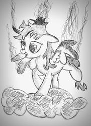 Size: 3364x4655 | Tagged: safe, artist:astmainhaler, derpy hooves, pegasus, pony, g4, the last roundup, cloud, electrocution, female, mare, monochrome, pencil drawing, scene interpretation, solo, traditional art