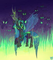 Size: 800x900 | Tagged: safe, artist:nyanamo, queen chrysalis, changeling, changeling queen, g4, crown, female, glowing, glowing eyes, glowing horn, horn, jewelry, regalia, transparent wings, wings