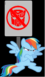 Size: 294x502 | Tagged: safe, rainbow dash, pegasus, pony, g4, female, mare, sign, solo, transformers, trollbait