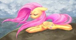 Size: 767x411 | Tagged: safe, artist:nyonhyon, fluttershy, pegasus, pony, g4, eyes closed, female, floppy ears, folded wings, mare, outdoors, prone, solo, water, windswept mane, windswept tail, wings