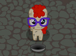Size: 1440x1068 | Tagged: safe, artist:klystron2010, twist, earth pony, pony, g4, broken, female, filly, foal, glasses, oliver twist, plate, solo