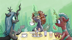 Size: 1600x900 | Tagged: safe, artist:muffinshire, queen chrysalis, changeling, changeling queen, g4, coffee, cupcake, glasses, tea party