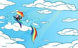 Size: 1440x900 | Tagged: safe, artist:llangel9323, rainbow dash, pony, g4, cloud, cloudy, female, glasses, on back, rainbow dork, solo