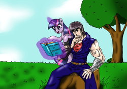 Size: 900x637 | Tagged: safe, artist:ciriliko, twilight sparkle, human, pony, g4, creeper, crossover, hokuto no ken, kenshiro