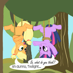 Size: 1024x1024 | Tagged: safe, artist:kinrah, applejack, twilight sparkle, g4, hanging, hung upside down, suspended, upside down