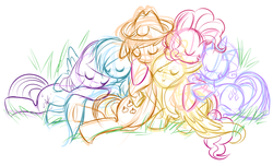 Size: 1973x1199 | Tagged: safe, artist:conspiracyoflilac, applejack, fluttershy, pinkie pie, rainbow dash, rarity, twilight sparkle, g4, mane six, sketch, sleeping