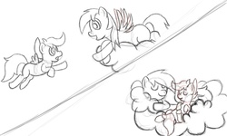 Size: 2000x1200 | Tagged: dead source, safe, artist:faithlessrurouni, rainbow dash, scootaloo, pegasus, pony, g4, 2 panel comic, cloud, comic, cuddling, female, filly, foal, lying down, mare, monochrome, open mouth, prone, scootalove, simple background, sketch, sleeping, spread wings, white background, wings