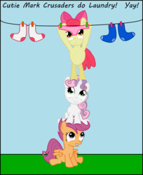 Size: 1628x2000 | Tagged: safe, artist:death-of-all, apple bloom, scootaloo, sweetie belle, earth pony, pegasus, pony, unicorn, g4, clothes, clothes line, cutie mark crusaders, female, filly, foal, laundry, panties, pink underwear, socks, underwear