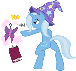 Size: 702x663 | Tagged: safe, artist:whitelightningbolt, trixie, twilight sparkle, butterfly, g4, bipedal, book, butt, censored, censored vulgarity, expletive, plot, simple background, species swap, swearing, transparent background