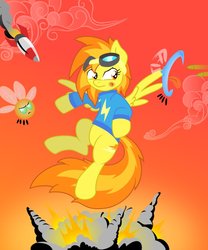 Size: 815x980 | Tagged: safe, artist:drewdini, artist:whitelightningbolt, spitfire, parasprite, pegasus, pony, g4, clothes, explosion, female, flying, mare, missile, shirt