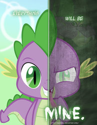 Size: 600x773 | Tagged: safe, artist:tehjadeh, spike, dragon, two sided posters, g4, greed, male, mine!, poster, spikezilla