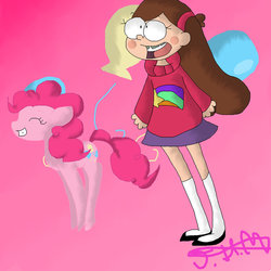 Size: 900x900 | Tagged: safe, artist:queenmoonlight101, pinkie pie, g4, crossover, gravity falls, hopping, mabel pines, male