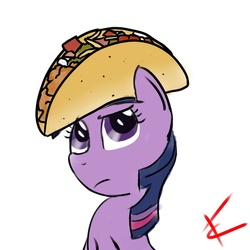 Size: 700x700 | Tagged: safe, twilight sparkle, pony, g4, female, looking up, signature, simple background, solo, taco, taco hat, taco twilight, white background