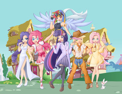 Size: 1104x849 | Tagged: safe, artist:angriestangryartist, artist:t-babe, angel bunny, applejack, fluttershy, pinkie pie, rainbow dash, rarity, twilight sparkle, human, g4, animal, anime, armpits, belt, bracelet, clothes, cowboy hat, dress, elements of harmony, fingerless gloves, floating, gloves, goggles, group, hat, high heels, humanized, looking at you, mane six, miniskirt, one eye closed, open mouth, pants, paper, ponyville, raised leg, ring, sandals, scarf, skirt, socks, stetson, thigh highs, thigh socks, winged humanization, wink
