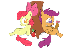 Size: 1900x1200 | Tagged: safe, artist:arudon, apple bloom, scootaloo, butterfly, earth pony, pegasus, pony, g4, adorabloom, apple, cute, cutealoo, female, filly, leaning, misleading thumbnail, sitting, tree stump