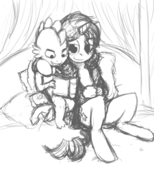 Size: 900x1000 | Tagged: safe, artist:gordonfreeguy, rarity, spike, g4, bed, book, female, grayscale, interspecies, male, monochrome, reading, ship:sparity, shipping, straight