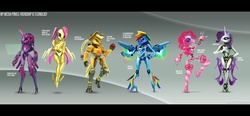 Size: 1611x750 | Tagged: safe, artist:rubendevela, applejack, fluttershy, pinkie pie, rainbow dash, rarity, twilight sparkle, robot, g4, applebot, flutterbot, mane six, mecha, pinkie bot, rainbot dash, raribot, twibot