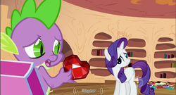 Size: 857x463 | Tagged: safe, screencap, rarity, spike, g4, secret of my excess, fire ruby, gem, hub logo, implied shipping, implied sparity, implied straight, ruby, scrunchy face, youtube caption