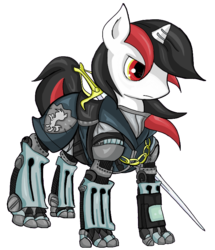 Size: 658x764 | Tagged: safe, artist:fukamaru, oc, oc only, oc:blackjack, cyborg, pony, unicorn, fallout equestria, fallout equestria: project horizons, amputee, augmented, clothes, cyber legs, cybernetic legs, fanfic, fanfic art, female, hooves, horn, level 2 (project horizons), mare, simple background, solo, sword, transparent background, weapon