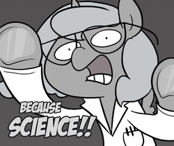 Size: 665x561 | Tagged: safe, artist:egophiliac, edit, princess luna, pony, moonstuck, g4, cute, female, glasses, grayscale, monochrome, science, science woona, solo, woona, woonoggles, younger