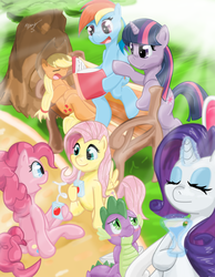 Size: 600x773 | Tagged: safe, artist:xnosidex, applejack, fluttershy, pinkie pie, rainbow dash, rarity, spike, twilight sparkle, g4, book, juice box, mane seven, mane six, martini, resting, sleeping