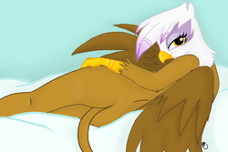 Size: 1000x666 | Tagged: safe, artist:jennahuskie, gilda, griffon, semi-anthro, g4, bedroom eyes, butt, female, plot, solo