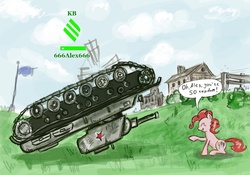 Size: 1280x898 | Tagged: safe, artist:agm, pinkie pie, earth pony, pony, g4, dialogue, female, kv-1, mare, smiling, tank (vehicle), upside down, vehicle, world of tanks