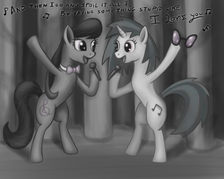 Size: 800x640 | Tagged: safe, artist:willygalleta, dj pon-3, octavia melody, vinyl scratch, pony, g4, bipedal, duet, female, lesbian, monochrome, ship:scratchtavia, shipping, singing