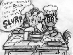 Size: 2190x1677 | Tagged: safe, artist:etjonas, pinkie pie, rainbow dash, g4, cooking, female, lesbian, licking, monochrome, ship:pinkiedash, shipping, traditional art