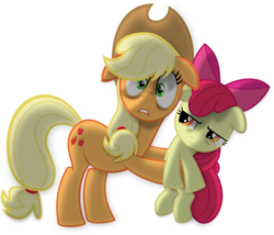 Size: 5752x4924 | Tagged: safe, artist:psyxofthoros, apple bloom, applejack, earth pony, pony, g4, absurd resolution, apple sisters, duo, duo female, evil enchantress, female, filly, foal, fourth wall, holding a pony, looking at you, mare, siblings, simple background, sisters, transparent background