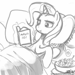 Size: 850x850 | Tagged: safe, artist:johnjoseco, trixie, pony, unicorn, g4, bed, blanket, book, eating, food, glowing, glowing horn, grapes, grayscale, herbivore, horn, magic, monochrome, pillow, reading, simple background, telekinesis, white background