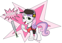 Size: 1600x1125 | Tagged: safe, artist:kamikazexyz, sweetie belle, pony, g4, baseball bat, cap, hat, headset, parody, scout (tf2), solo, team fortress 2