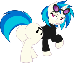 Size: 3737x3221 | Tagged: safe, artist:joey darkmeat, artist:tim015, dj pon-3, vinyl scratch, pony, unicorn, g4, bedroom eyes, butt, clothes, female, high res, hooves, horn, looking at you, looking back, mare, open mouth, plot, raised hoof, simple background, smiling, solo, sunglasses, sweater, transparent background, vector