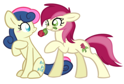 Size: 1100x750 | Tagged: safe, artist:selective-yellow, bon bon, roseluck, sweetie drops, g4, female, lesbian, mouth hold, rose, rosebon, shipping, simple background, transparent background