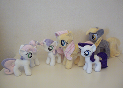 Size: 900x649 | Tagged: safe, artist:razielledbx, derpy hooves, fluttershy, rarity, sweetie belle, g4, filly, irl, photo, plushie