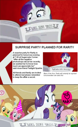 Size: 670x1089 | Tagged: safe, artist:ponyflea, edit, edited screencap, screencap, applejack, fluttershy, pinkie pie, rarity, twilight sparkle, pony, unicorn, g4, ponyville confidential, 1000 hours in ms paint, abstract background, balloon, comic, female, foal free press, gabby gums, hat, horn, i'll destroy her, mare, meme, ms paint, newspaper, open mouth, party, party hat, party horn, present, screencap comic, written equestrian