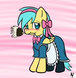 Size: 1172x1204 | Tagged: safe, artist:datahmedz, sunshower raindrops, g4, blushing, clothes, duster, maid