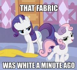 Size: 400x360 | Tagged: safe, edit, edited screencap, screencap, rarity, sweetie belle, g4, caption, hub logo, implied pissing