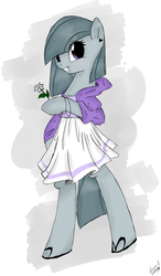 Size: 2089x3580 | Tagged: safe, artist:marisalle, marble pie, earth pony, pony, g4, bipedal, clothes, female, flower, high res, hoodie, mare, skirt