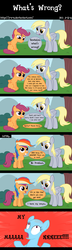 Size: 1300x4500 | Tagged: safe, artist:j-z-a, derpy hooves, rainbow dash, scootaloo, pegasus, pony, g4, bald, balderdash, comic, female, mare, wig