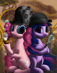 Size: 1579x2000 | Tagged: safe, artist:deathpwny, pinkie pie, twilight sparkle, g4, bubble pipe, deerstalker, detective, hat, magnifying glass, pipe, sherlock holmes, sherlock pie, watson