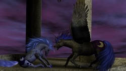 Size: 1920x1080 | Tagged: safe, artist:lightningimpulse, nightmare moon, princess luna, g4, duality, hoers, realistic