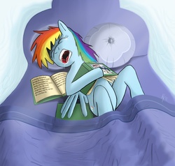 Size: 1252x1190 | Tagged: safe, artist:jphyperx, rainbow dash, pegasus, pony, g4, bed, book, drool, majestic as fuck, open mouth, sleeping, solo