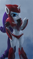 Size: 711x1239 | Tagged: safe, artist:grissaecrim, rarity, pony, unicorn, semi-anthro, g4, armor, bipedal, cosplay, female, knock out, solo, transformers, transformers prime